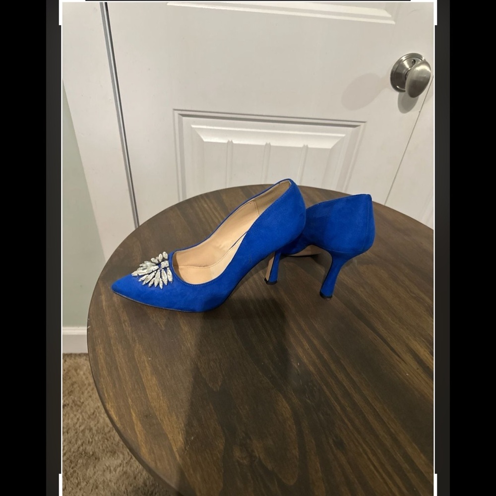 Cobalt Blue Pointed-Toe, Crystal Embellished Heels, Size 10 - Picture 6 of 10